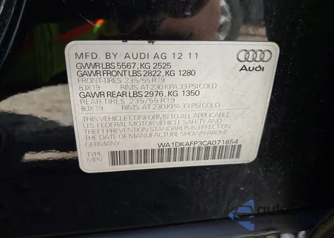 2012 Audi Q5 Premium Plus z USA, uszkodzony, nr VIN WA1DKAFP3CA071854